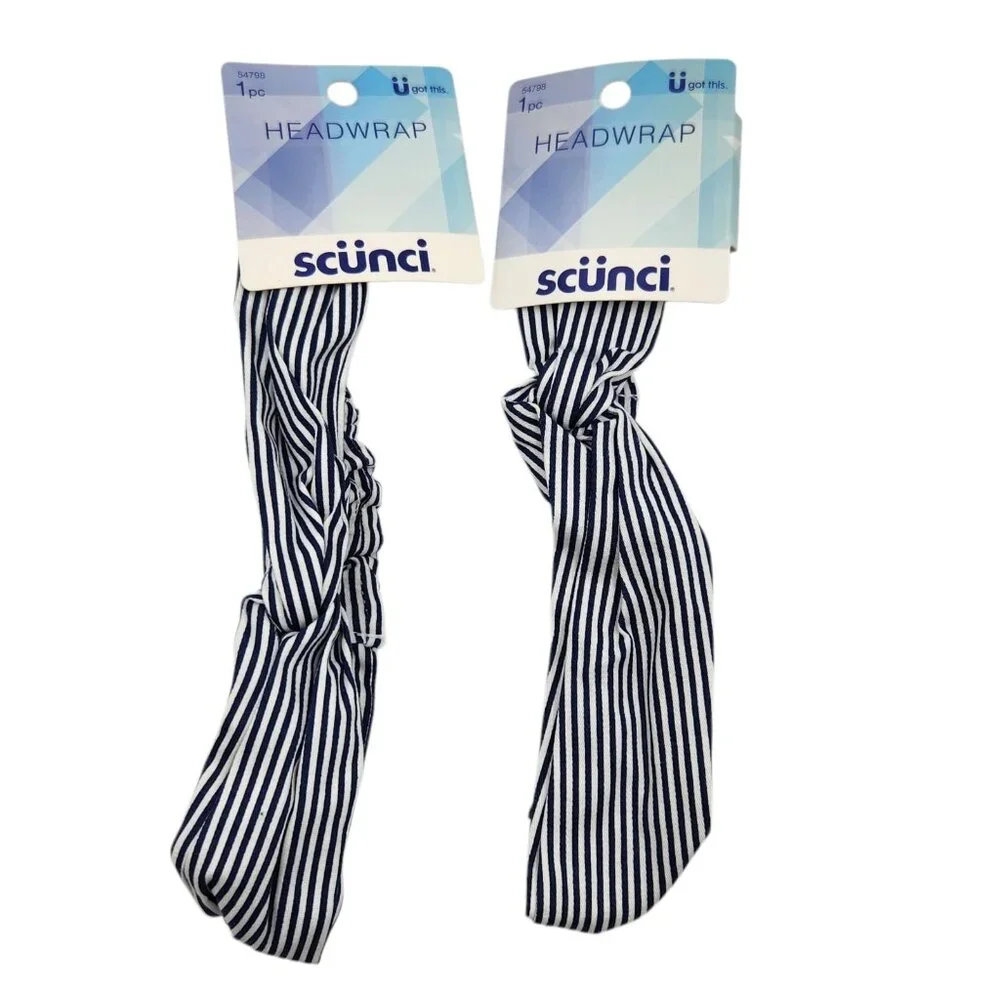 2X‎ Scunci Hair Headwrap White and Navy Blue Stripes 54798 Stretch 1 Pc Each